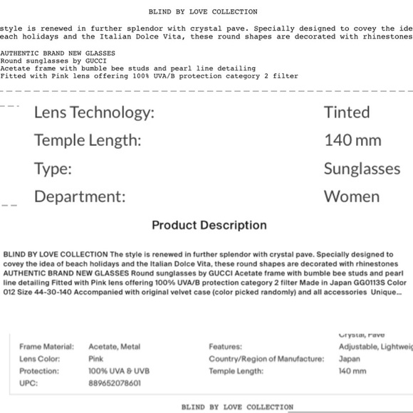 GUCCI UNISEX FUCHSIA CRYSTAL PAVE SUNGLASSES FROM THE BLIND BY LOVE COLLECTIONS - Picture 13 of 16